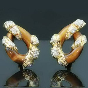 Boucles d'oreilles clips oeil de tigre diamant or jaune 18k France